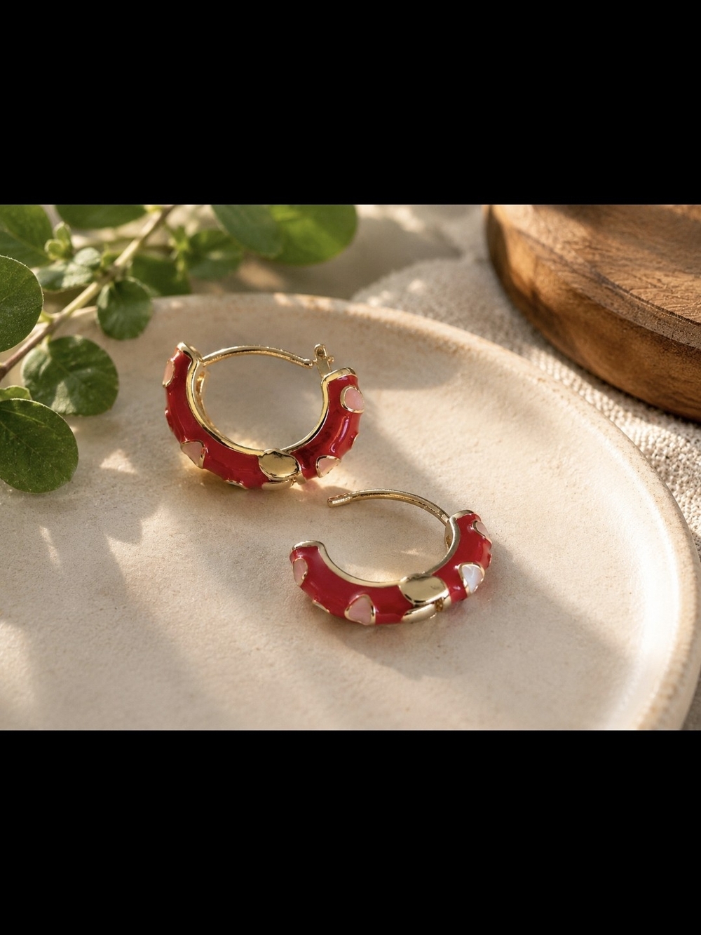 Gold Hoop Cloisone Style Earrings with Red Enamel Accents - Picture 2 of 5